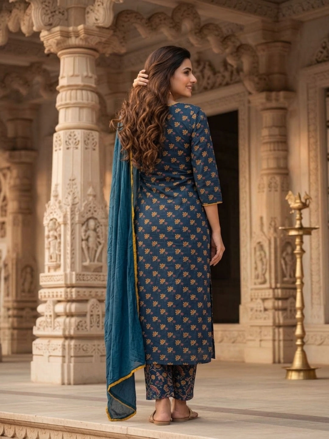 Navy Blue Floral Cotton Kurta Set with Zari & Thread Embroidery, Palazzo & Dupatta