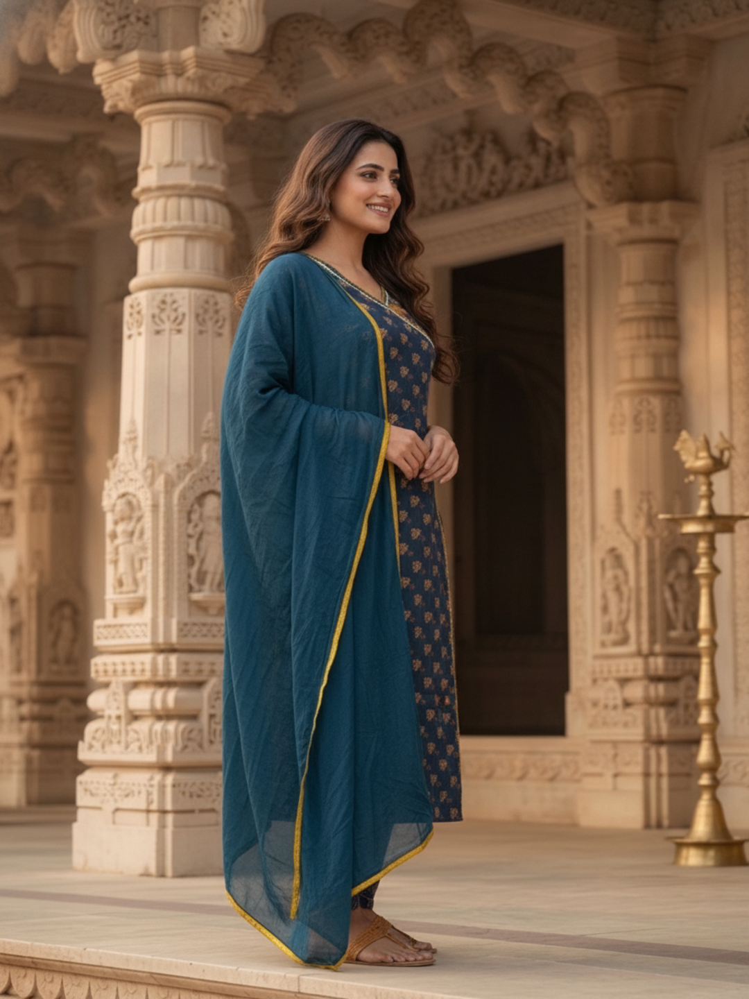 Navy Blue Floral Cotton Kurta Set with Zari & Thread Embroidery, Palazzo & Dupatta