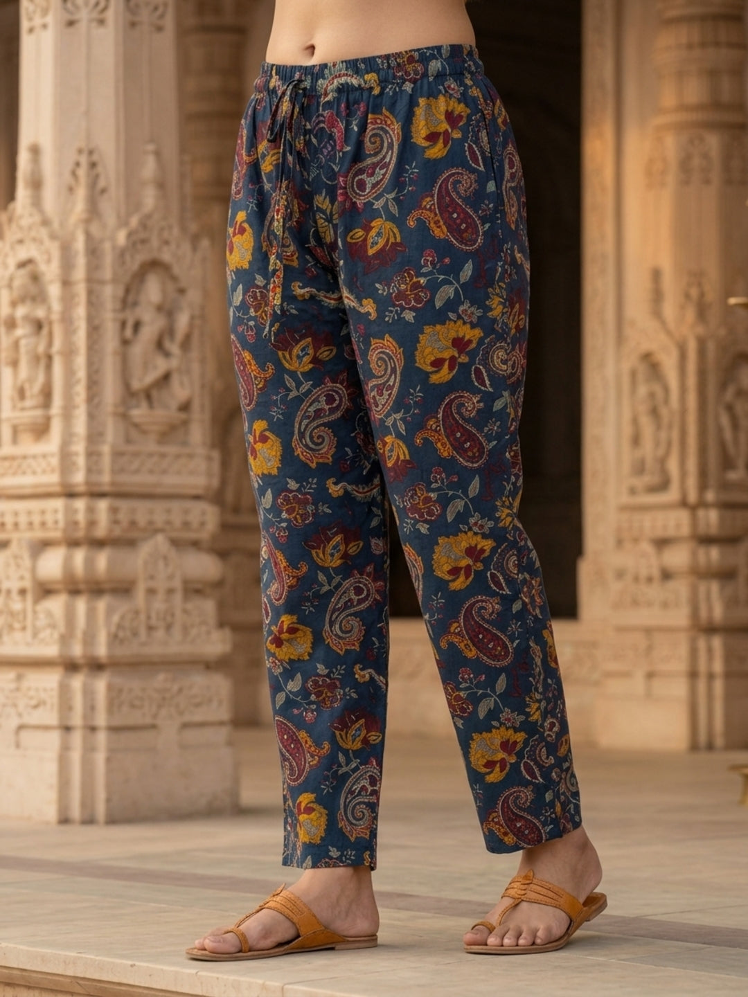 Navy Blue Floral Cotton Kurta Set with Zari & Thread Embroidery, Palazzo & Dupatta