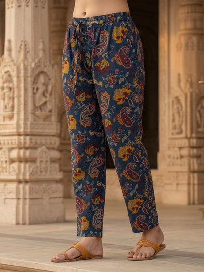 Navy Blue Floral Cotton Kurta Set with Zari & Thread Embroidery, Palazzo & Dupatta