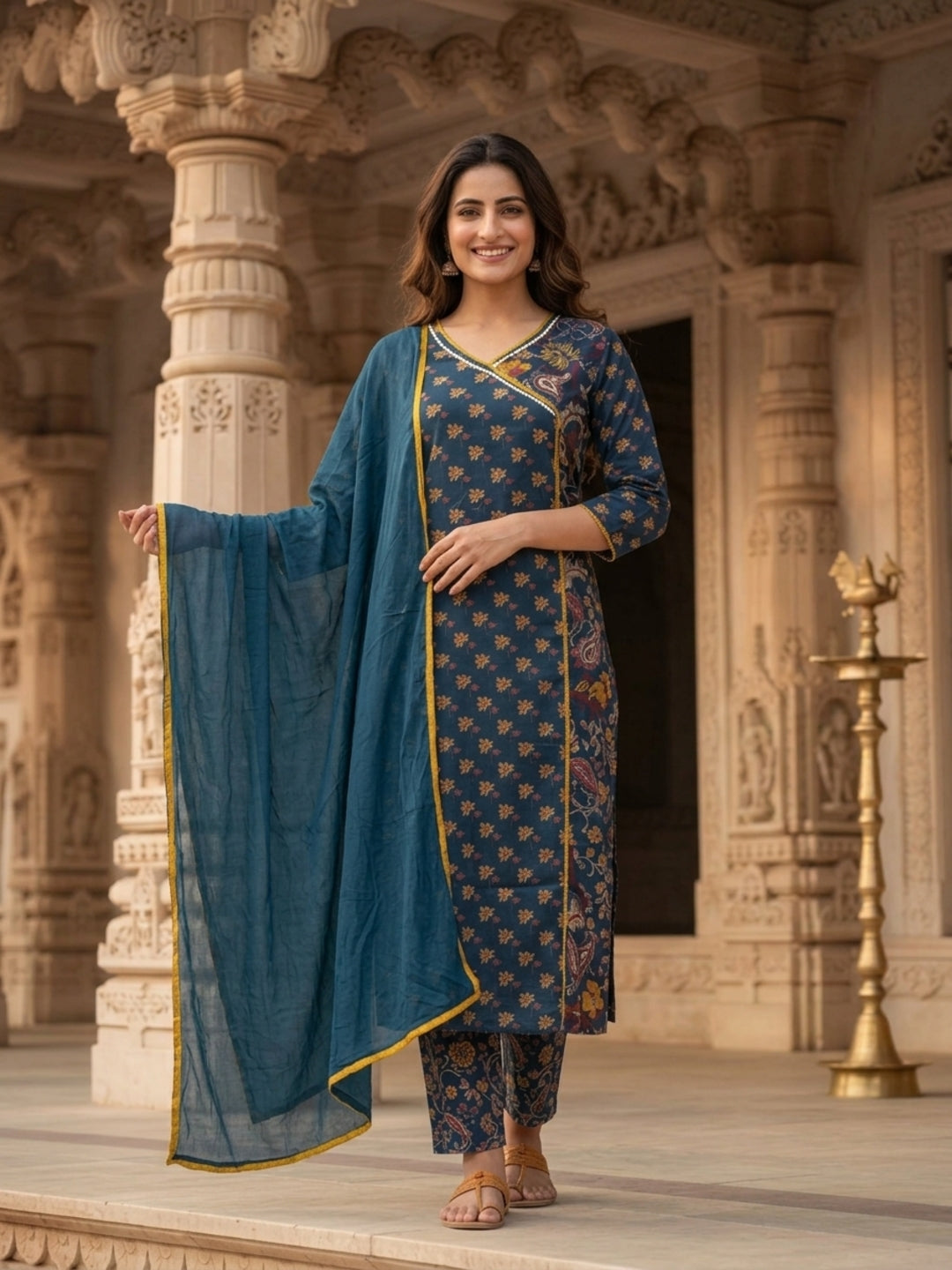 Navy Blue Floral Cotton Kurta Set with Zari & Thread Embroidery, Palazzo & Dupatta