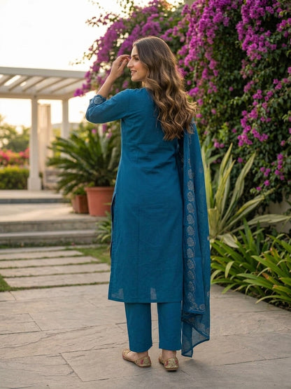 Slate Blue Cotton Kurta Set with Floral Embroidery, Palazzo & Printed Dupatta