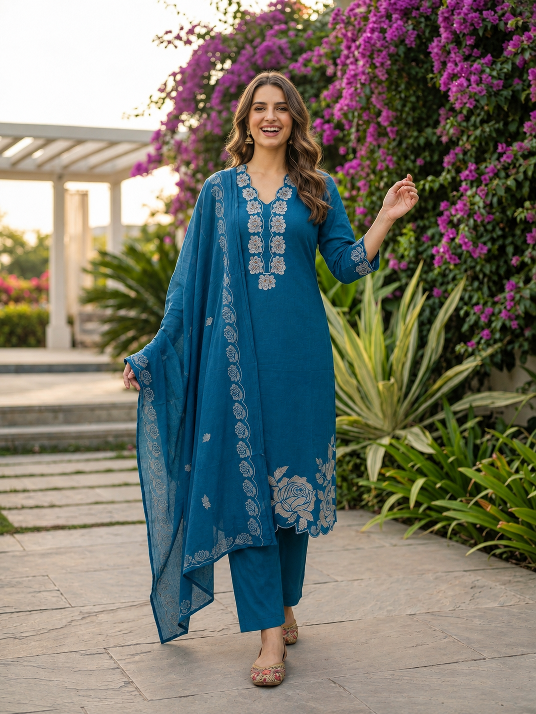 Slate Blue Cotton Kurta Set with Floral Embroidery, Palazzo & Printed Dupatta