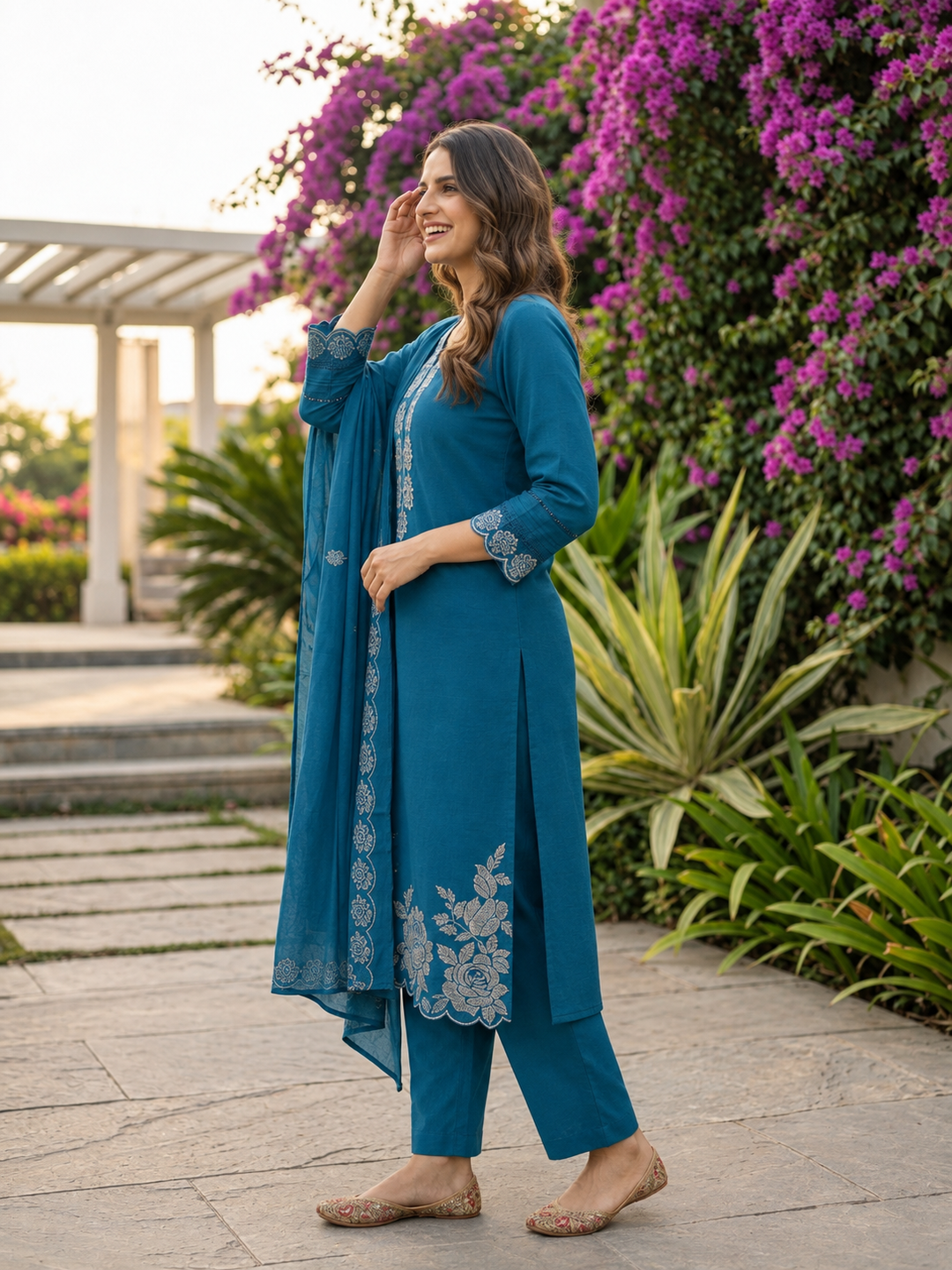 Slate Blue Cotton Kurta Set with Floral Embroidery, Palazzo & Printed Dupatta