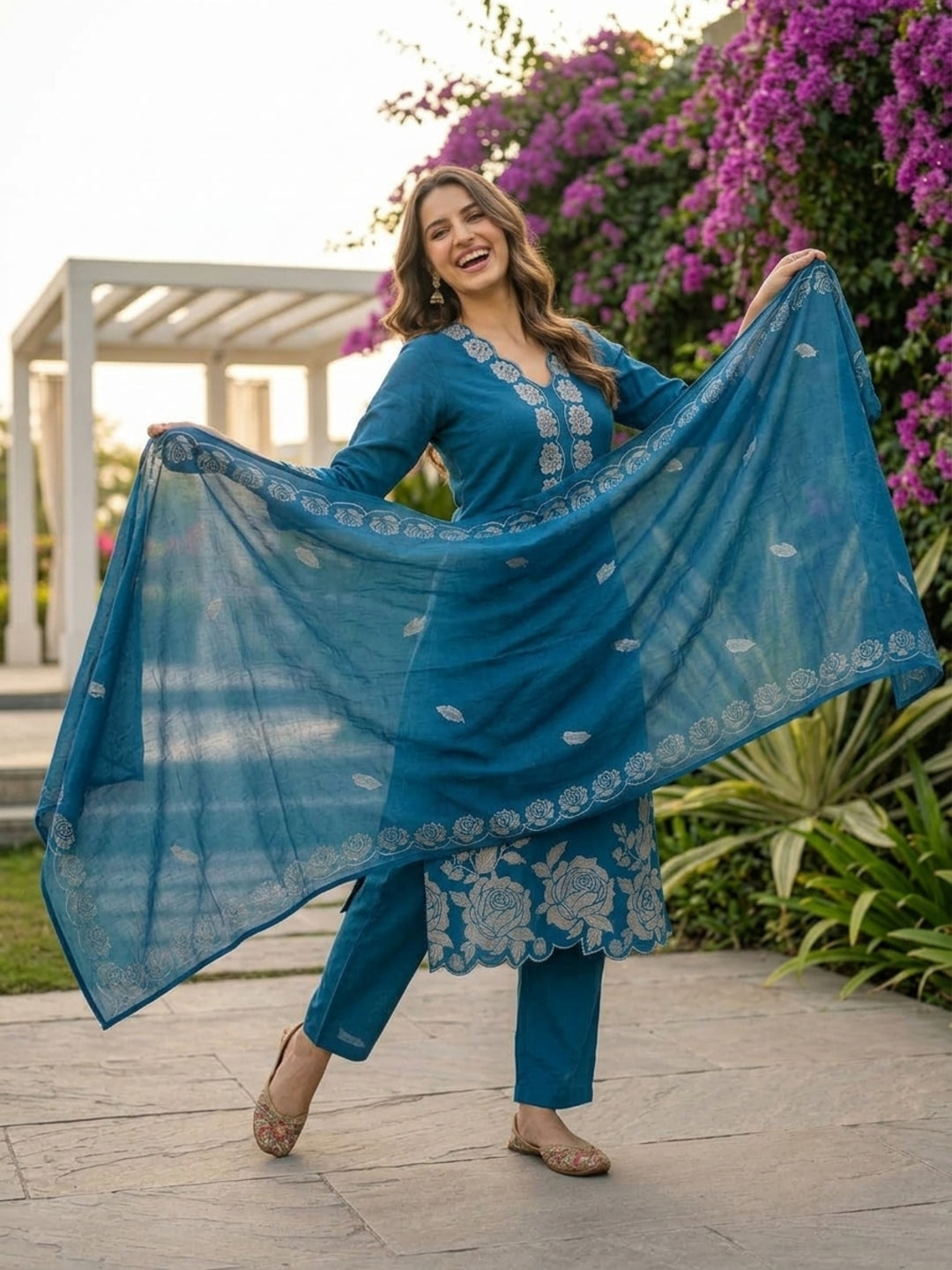 Slate Blue Cotton Kurta Set with Floral Embroidery, Palazzo & Printed Dupatta