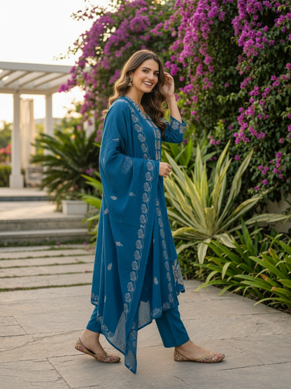 Slate Blue Cotton Kurta Set with Floral Embroidery, Palazzo & Printed Dupatta