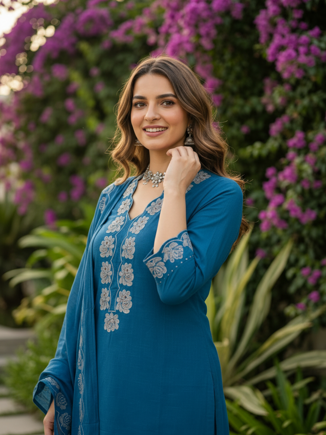 Slate Blue Cotton Kurta Set with Floral Embroidery, Palazzo & Printed Dupatta
