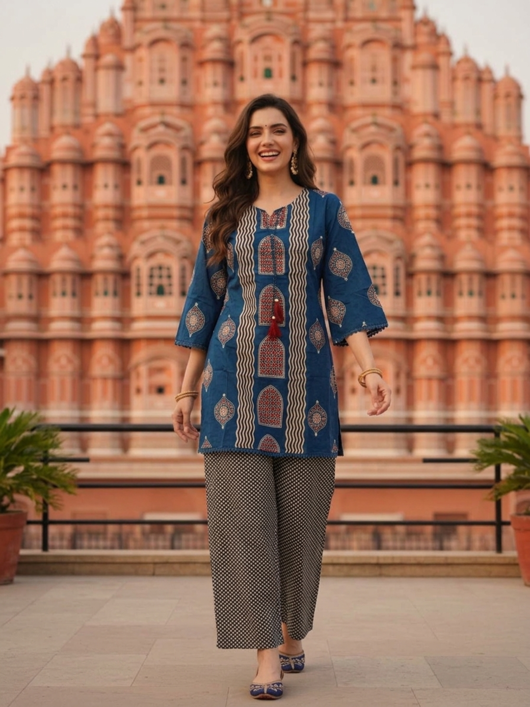 Slate Blue Printed Cotton Short Kurta Set with Mirror Work, Farshi Salwar & Dupatta