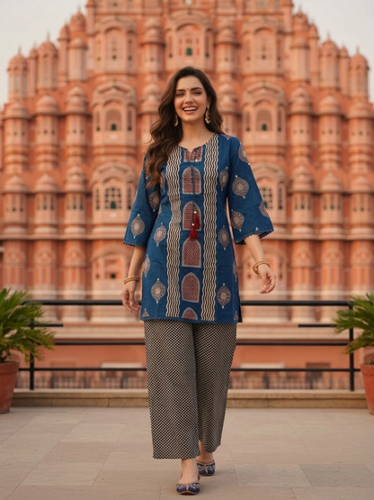 Slate Blue Printed Cotton Short Kurta Set with Mirror Work, Farshi Salwar & Dupatta