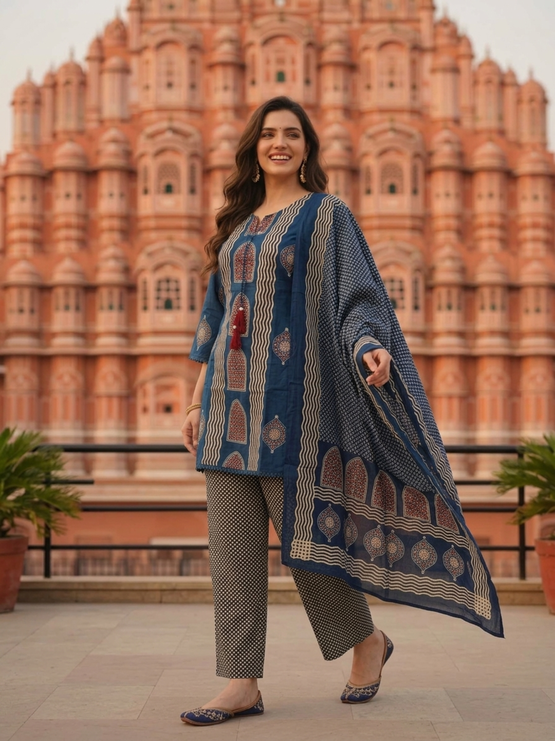 Slate Blue Printed Cotton Short Kurta Set with Mirror Work, Farshi Salwar & Dupatta