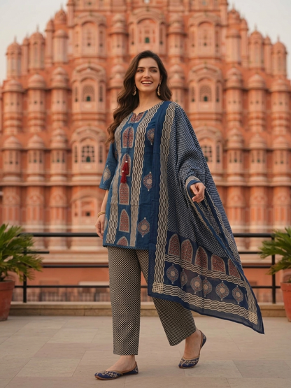 Slate Blue Printed Cotton Short Kurta Set with Mirror Work, Farshi Salwar & Dupatta