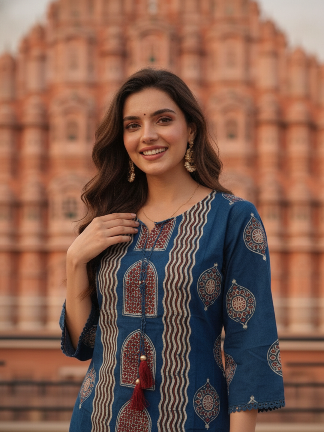 Slate Blue Printed Cotton Short Kurta Set with Mirror Work, Farshi Salwar & Dupatta