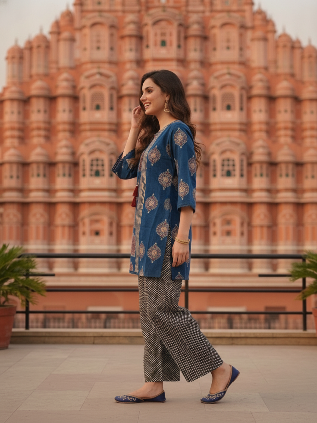 Slate Blue Printed Cotton Short Kurta Set with Mirror Work, Farshi Salwar & Dupatta