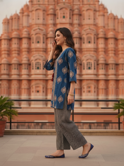 Slate Blue Printed Cotton Short Kurta Set with Mirror Work, Farshi Salwar & Dupatta