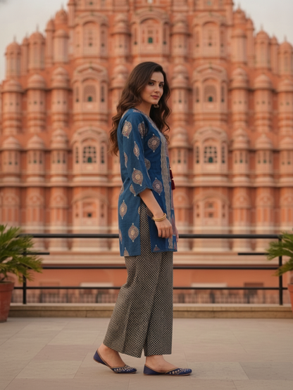 Slate Blue Printed Cotton Short Kurta Set with Mirror Work, Farshi Salwar & Dupatta