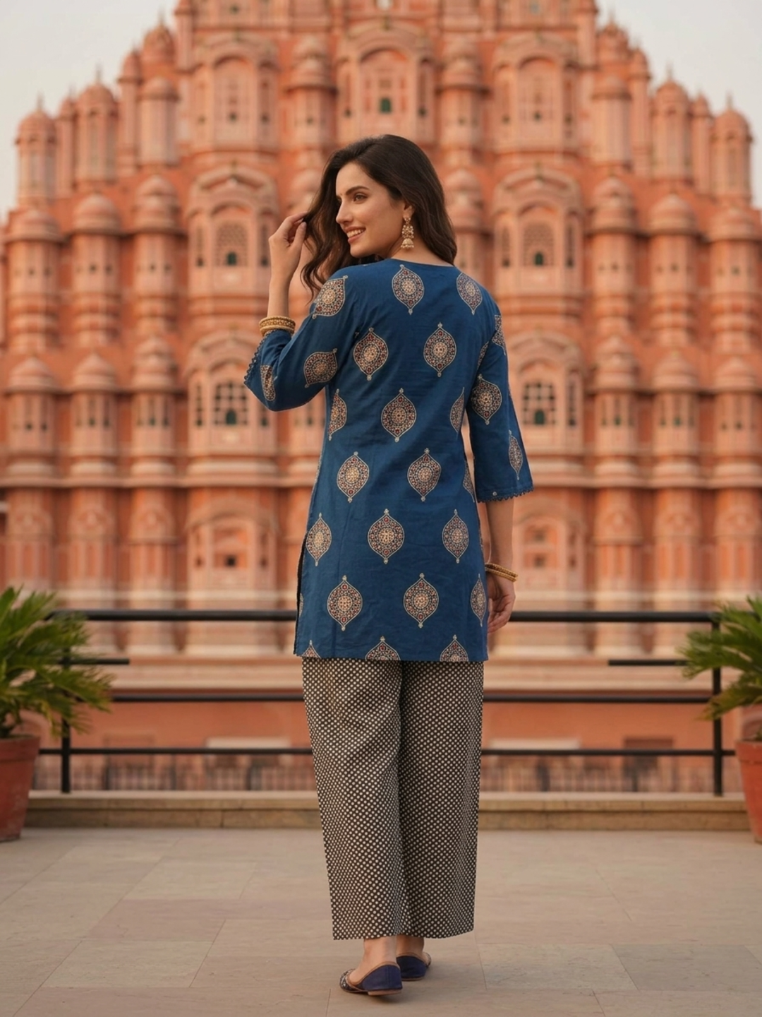 Slate Blue Printed Cotton Short Kurta Set with Mirror Work, Farshi Salwar & Dupatta