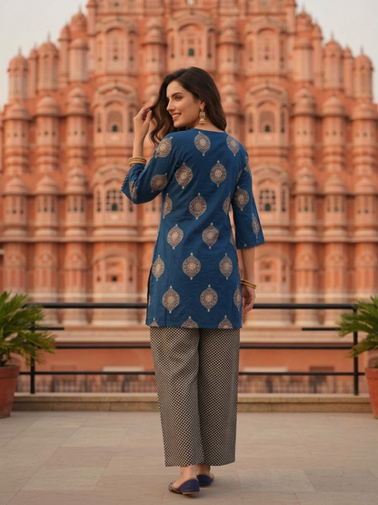 Slate Blue Printed Cotton Short Kurta Set with Mirror Work, Farshi Salwar & Dupatta