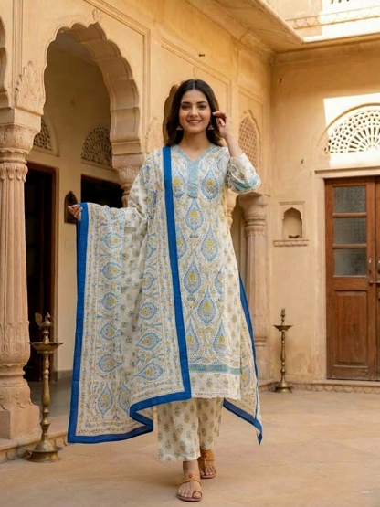 Blue Ethnic Floral Printed Cotton A-Line Kurta Set with Crochet Lace Embroidery, V-Neck, Printed Palazzo & Printed Pure Cotton Dupatta