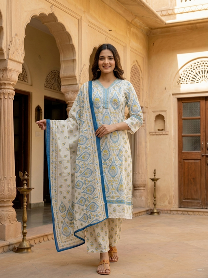 Blue Ethnic Floral Printed Cotton A-Line Kurta Set with Crochet Lace Embroidery, V-Neck, Printed Palazzo & Printed Pure Cotton Dupatta