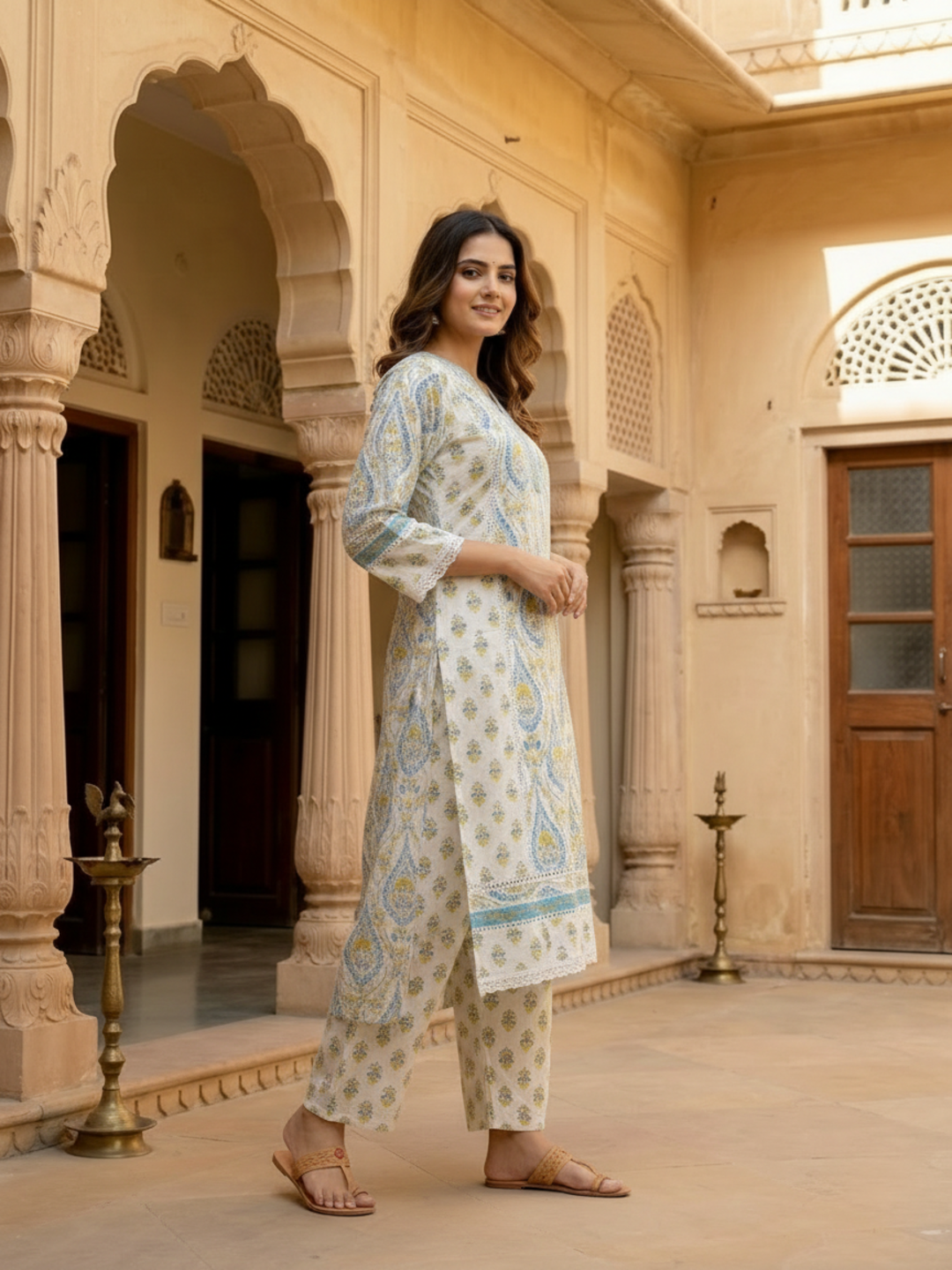 Blue Ethnic Floral Printed Cotton A-Line Kurta Set with Crochet Lace Embroidery, V-Neck, Printed Palazzo & Printed Pure Cotton Dupatta