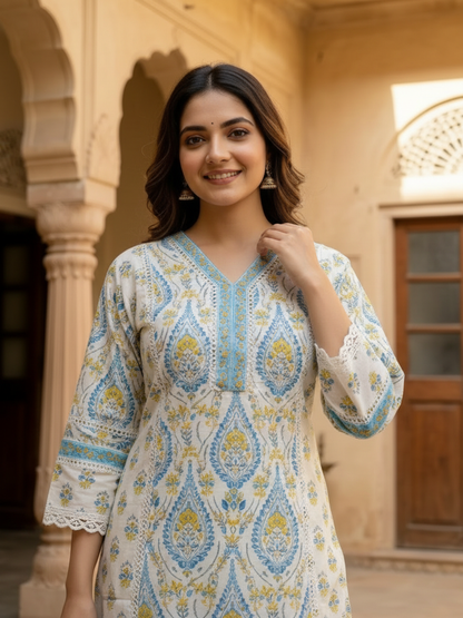 Blue Ethnic Floral Printed Cotton A-Line Kurta Set with Crochet Lace Embroidery, V-Neck, Printed Palazzo & Printed Pure Cotton Dupatta