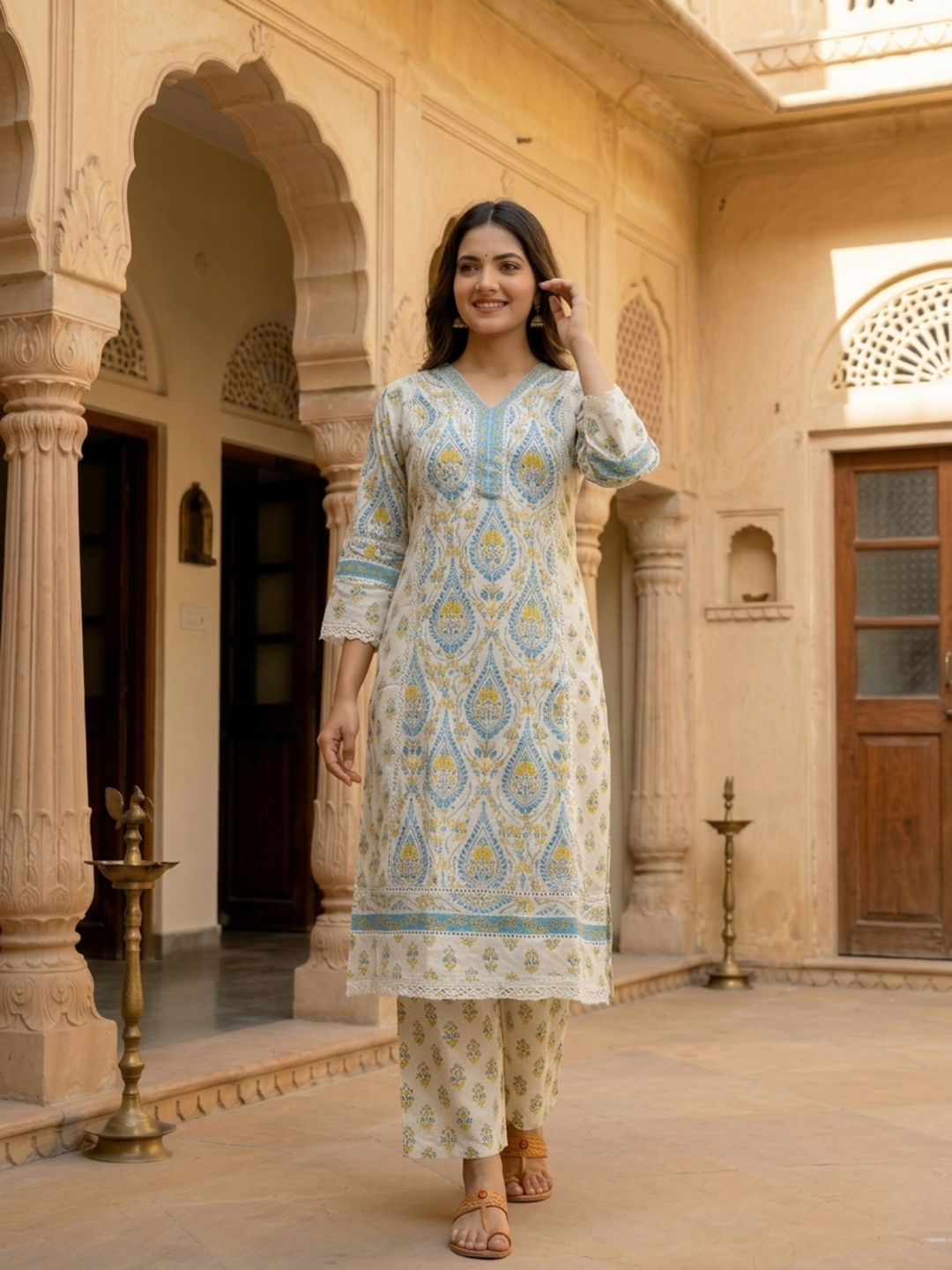 Blue Ethnic Floral Printed Cotton A-Line Kurta Set with Crochet Lace Embroidery, V-Neck, Printed Palazzo & Printed Pure Cotton Dupatta