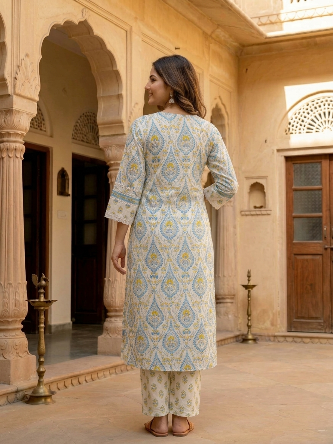 Blue Ethnic Floral Printed Cotton A-Line Kurta Set with Crochet Lace Embroidery, V-Neck, Printed Palazzo & Printed Pure Cotton Dupatta