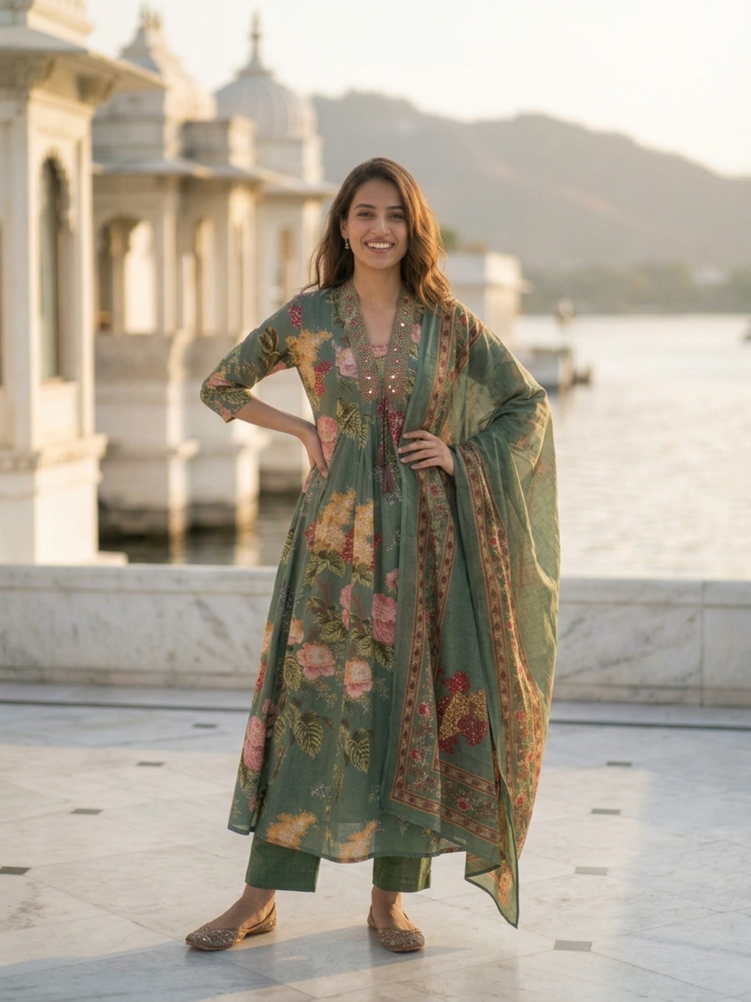Sage Green Floral Cotton Anarkali Set with Zari & Thread Embroidery, Palazzo & Dupatta