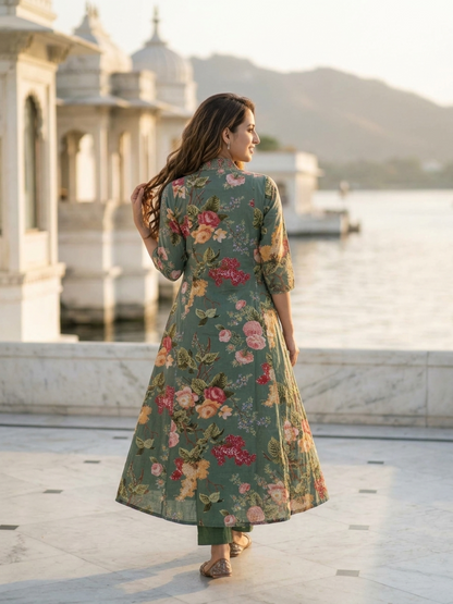 Sage Green Floral Cotton Anarkali Set with Zari & Thread Embroidery, Palazzo & Dupatta