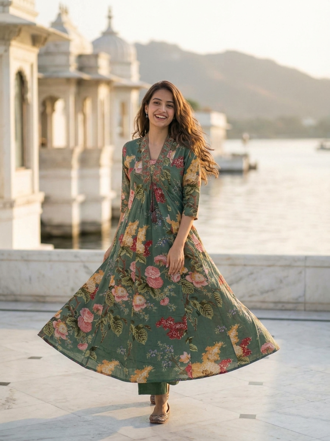 Sage Green Floral Cotton Anarkali Set with Zari & Thread Embroidery, Palazzo & Dupatta