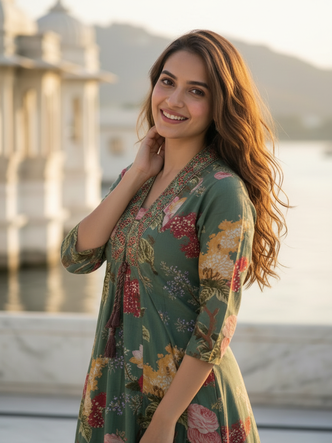 Sage Green Floral Cotton Anarkali Set with Zari & Thread Embroidery, Palazzo & Dupatta