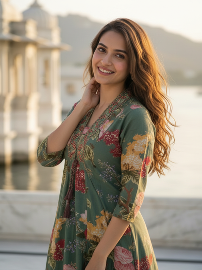 Sage Green Floral Cotton Anarkali Set with Zari & Thread Embroidery, Palazzo & Dupatta
