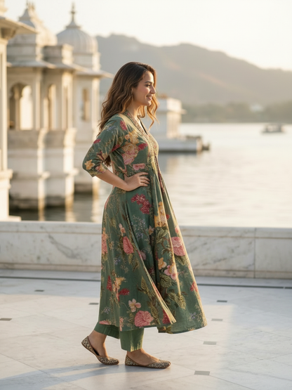 Sage Green Floral Cotton Anarkali Set with Zari & Thread Embroidery, Palazzo & Dupatta