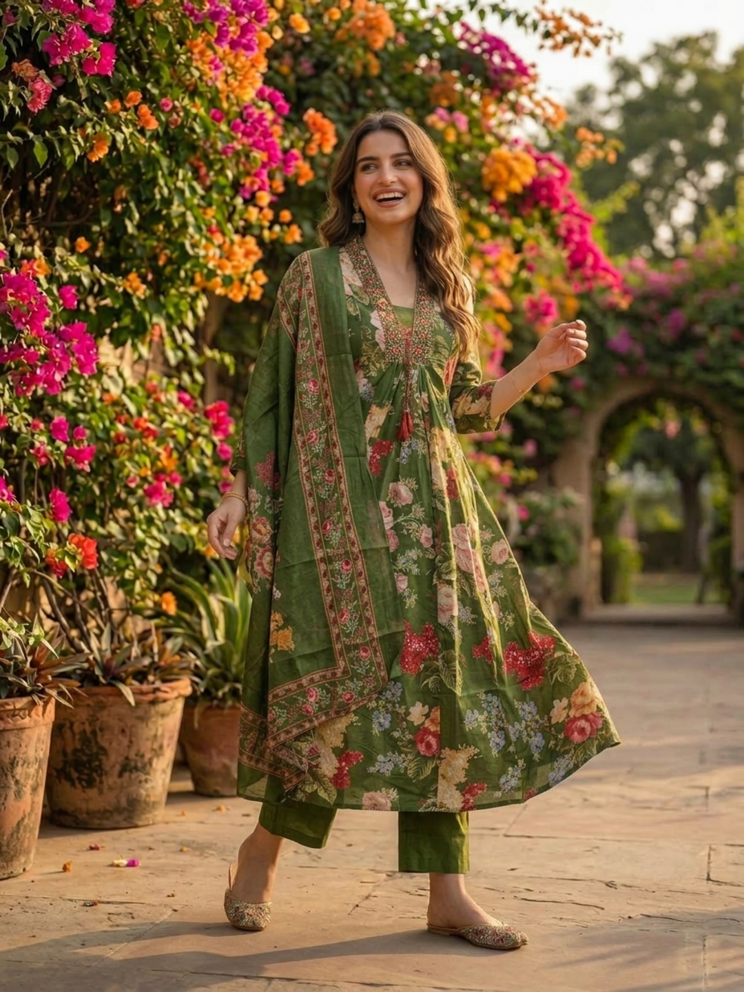 Forest Green Floral Cotton Anarkali Set with Zari & Thread Embroidery, Palazzo & Dupatta