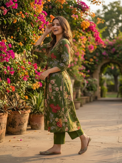 Forest Green Floral Cotton Anarkali Set with Zari & Thread Embroidery, Palazzo & Dupatta