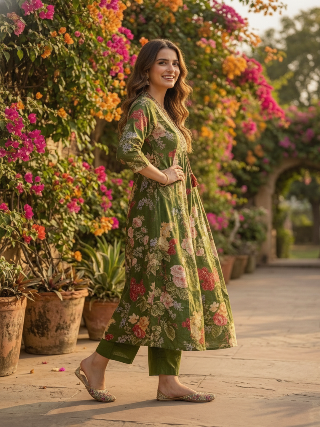 Forest Green Floral Cotton Anarkali Set with Zari & Thread Embroidery, Palazzo & Dupatta