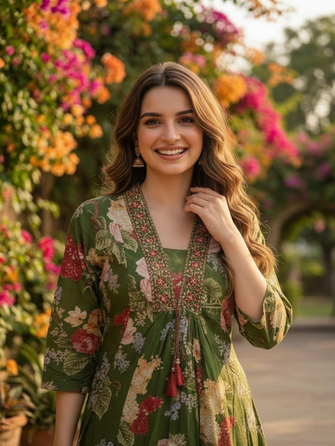Forest Green Floral Cotton Anarkali Set with Zari & Thread Embroidery, Palazzo & Dupatta