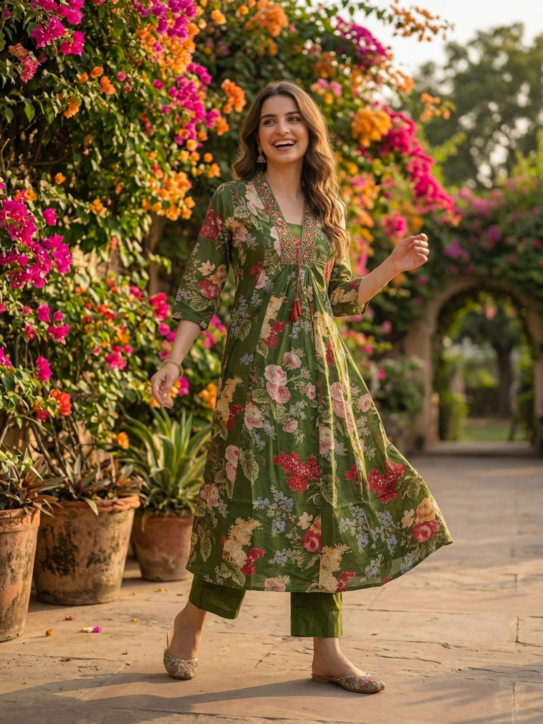 Forest Green Floral Cotton Anarkali Set with Zari & Thread Embroidery, Palazzo & Dupatta