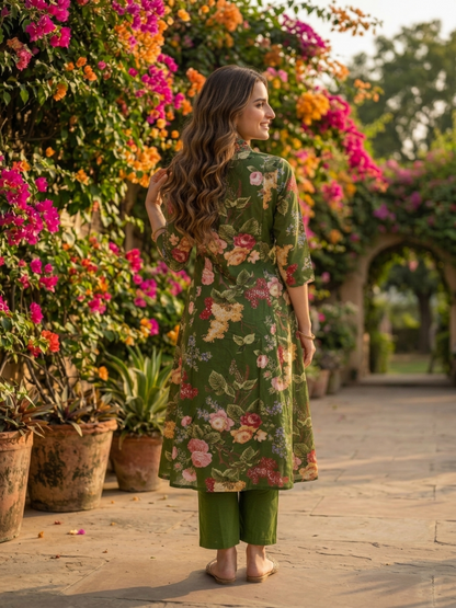 Forest Green Floral Cotton Anarkali Set with Zari & Thread Embroidery, Palazzo & Dupatta