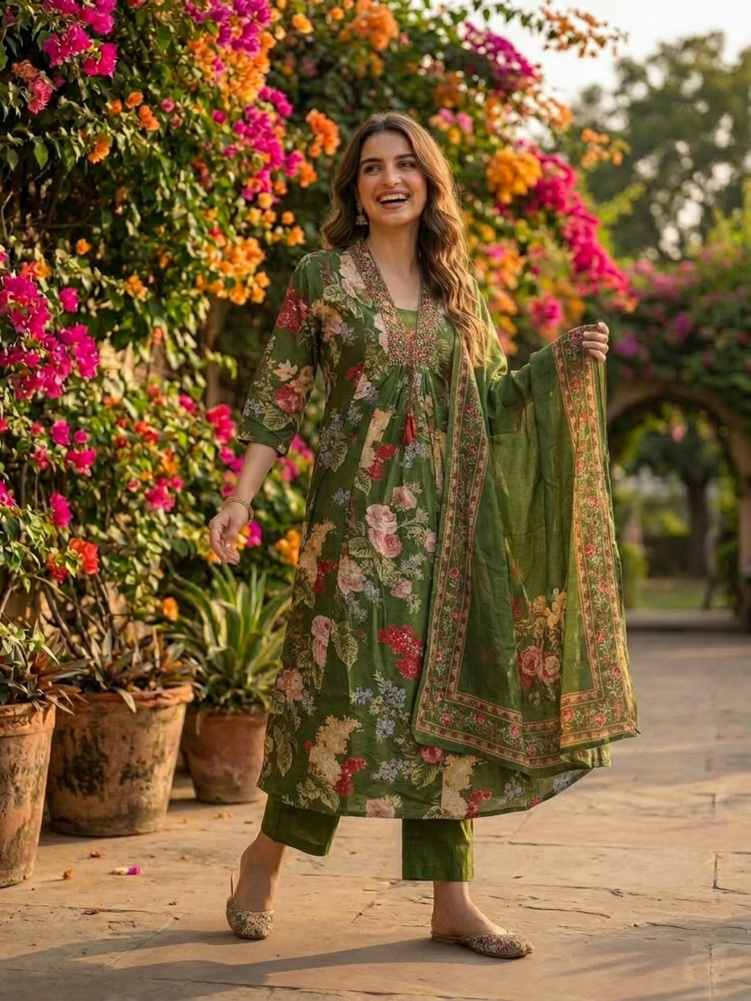 Forest Green Floral Cotton Anarkali Set with Zari & Thread Embroidery, Palazzo & Dupatta