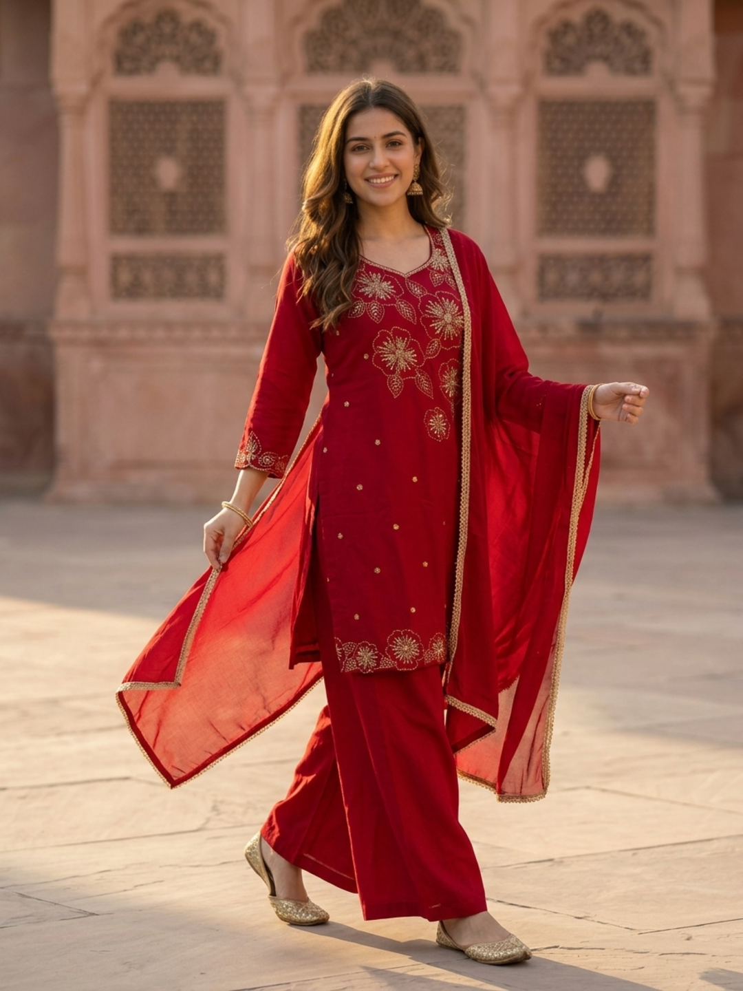 Maroon Crepe Kurta Set with Floral Hand Embroidery & Sequins, Flared Palazzo & Dupatta