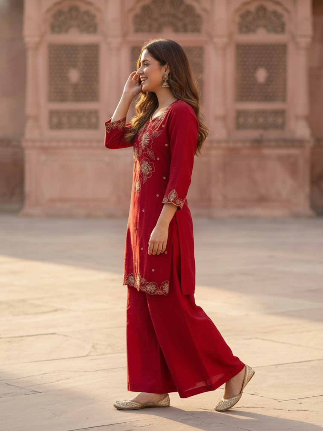 Maroon Crepe Kurta Set with Floral Hand Embroidery & Sequins, Flared Palazzo & Dupatta