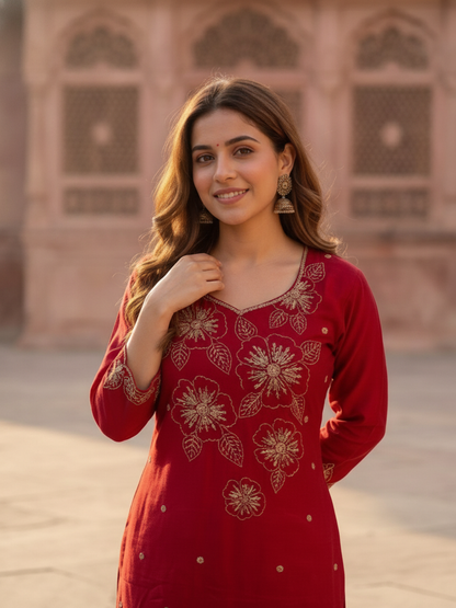 Maroon Crepe Kurta Set with Floral Hand Embroidery & Sequins, Flared Palazzo & Dupatta
