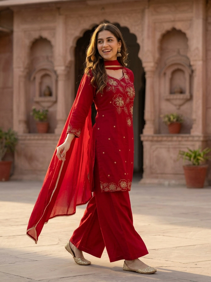 Maroon Crepe Kurta Set with Floral Hand Embroidery & Sequins, Flared Palazzo & Dupatta