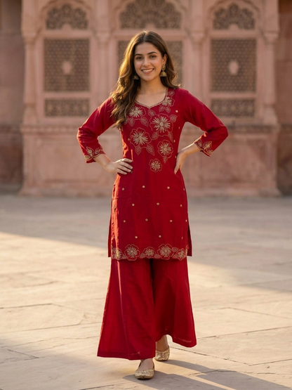 Maroon Crepe Kurta Set with Floral Hand Embroidery & Sequins, Flared Palazzo & Dupatta
