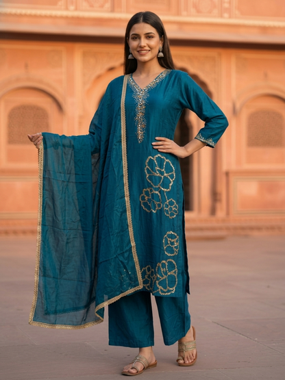 Blue Solid Crepe Straight Kurta Set with Floral Hand Embroidery & Sequins, V-Neck, Muslin Silk Palazzo & Solid Muslin Silk Taping Dupatta