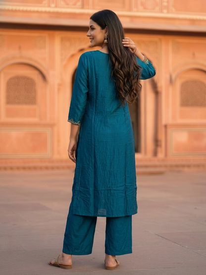 Blue Solid Crepe Straight Kurta Set with Floral Hand Embroidery & Sequins, V-Neck, Muslin Silk Palazzo & Solid Muslin Silk Taping Dupatta