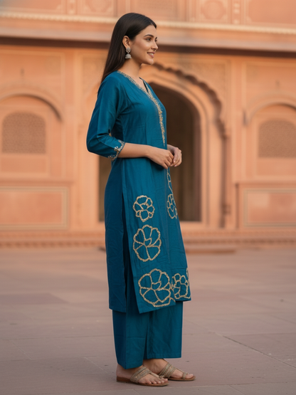 Blue Solid Crepe Straight Kurta Set with Floral Hand Embroidery & Sequins, V-Neck, Muslin Silk Palazzo & Solid Muslin Silk Taping Dupatta