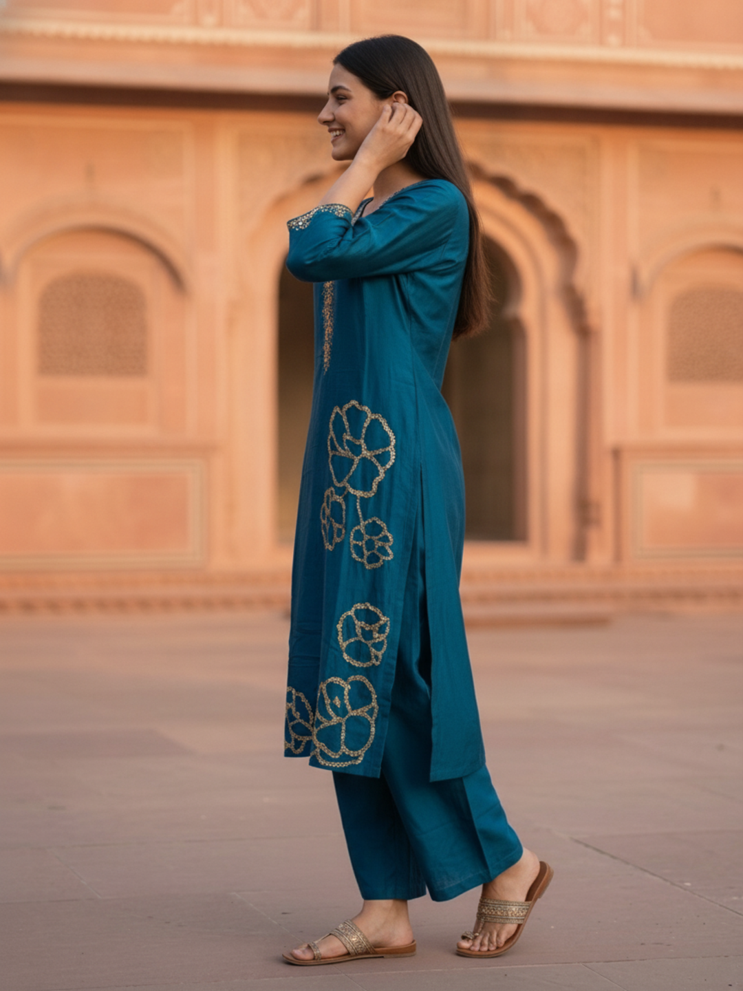 Blue Solid Crepe Straight Kurta Set with Floral Hand Embroidery & Sequins, V-Neck, Muslin Silk Palazzo & Solid Muslin Silk Taping Dupatta