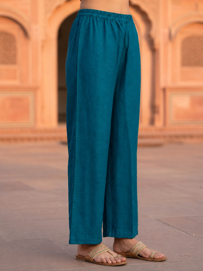 Blue Solid Crepe Straight Kurta Set with Floral Hand Embroidery & Sequins, V-Neck, Muslin Silk Palazzo & Solid Muslin Silk Taping Dupatta